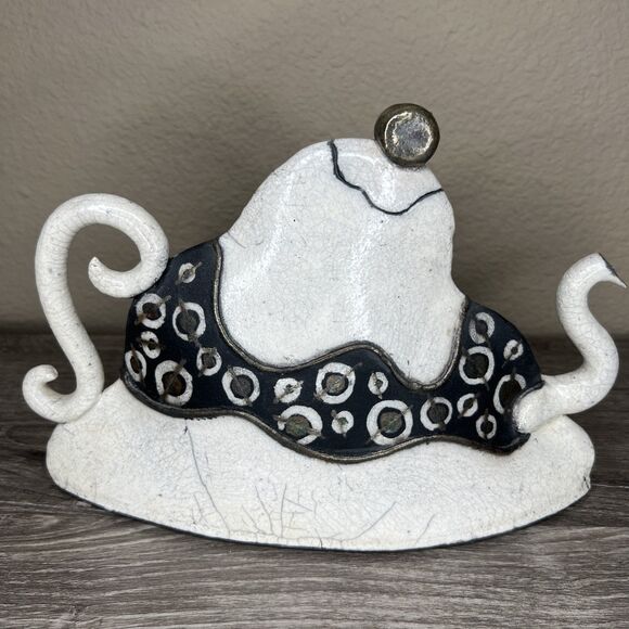 Art Deco Raku Pottery Teapot Figurine Sculpture Signed Lana Whimsical Crazing - Picture 2 of 7